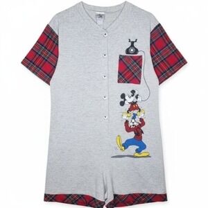 Vintage Mickey & Co Disney Mickey Goofy Plaid Romper Gray Red Medium 90s Pajamas